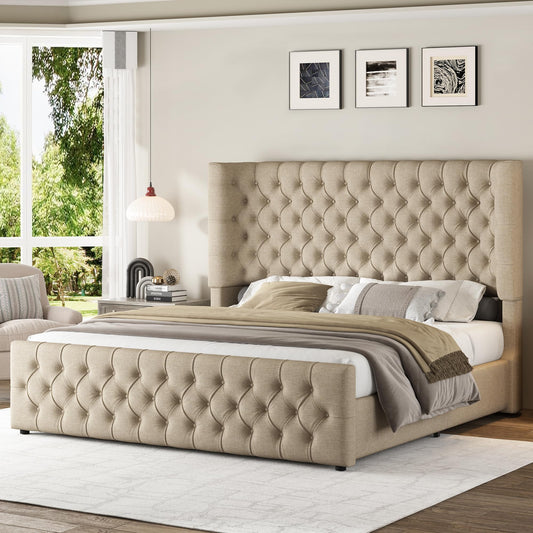 Jocisland Queen Size Platform Bed Frame, 6.3" Thick Upholstered Curved Wingback Headboard and Footboard with Deep Button Tufted, Easy Assembly, No Box Spring Needed, Khaki Linen