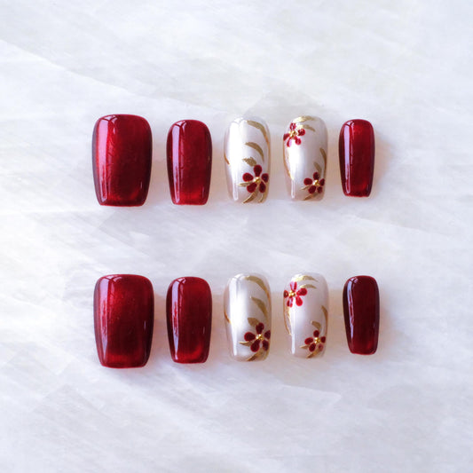 GLORS Press on Nails, Red Plum Embroidery Cat Eye False Nails with Gold Floral Design, medium ballerina Shape, 10 Pieces (Small, MB)