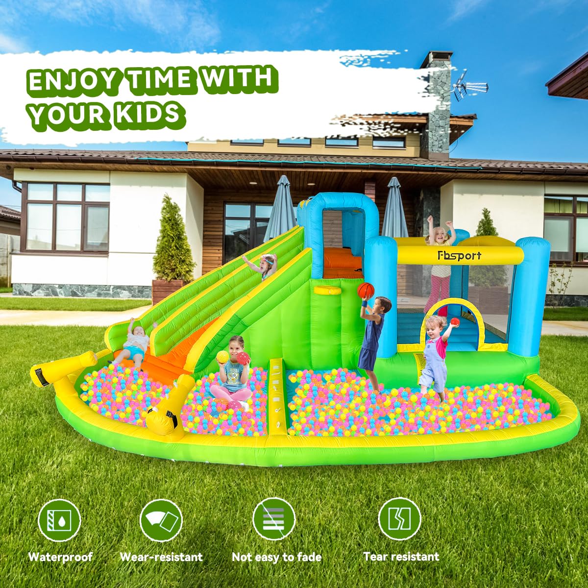FBSPORT Inflatable Bounce House,Water Slide Park Bouncer Castle with 2 Slide & Double Cannon, Climbing Wall, Kids Bouncy Castle with 550W Air Blower for Backyard, Outdoor, Indoor