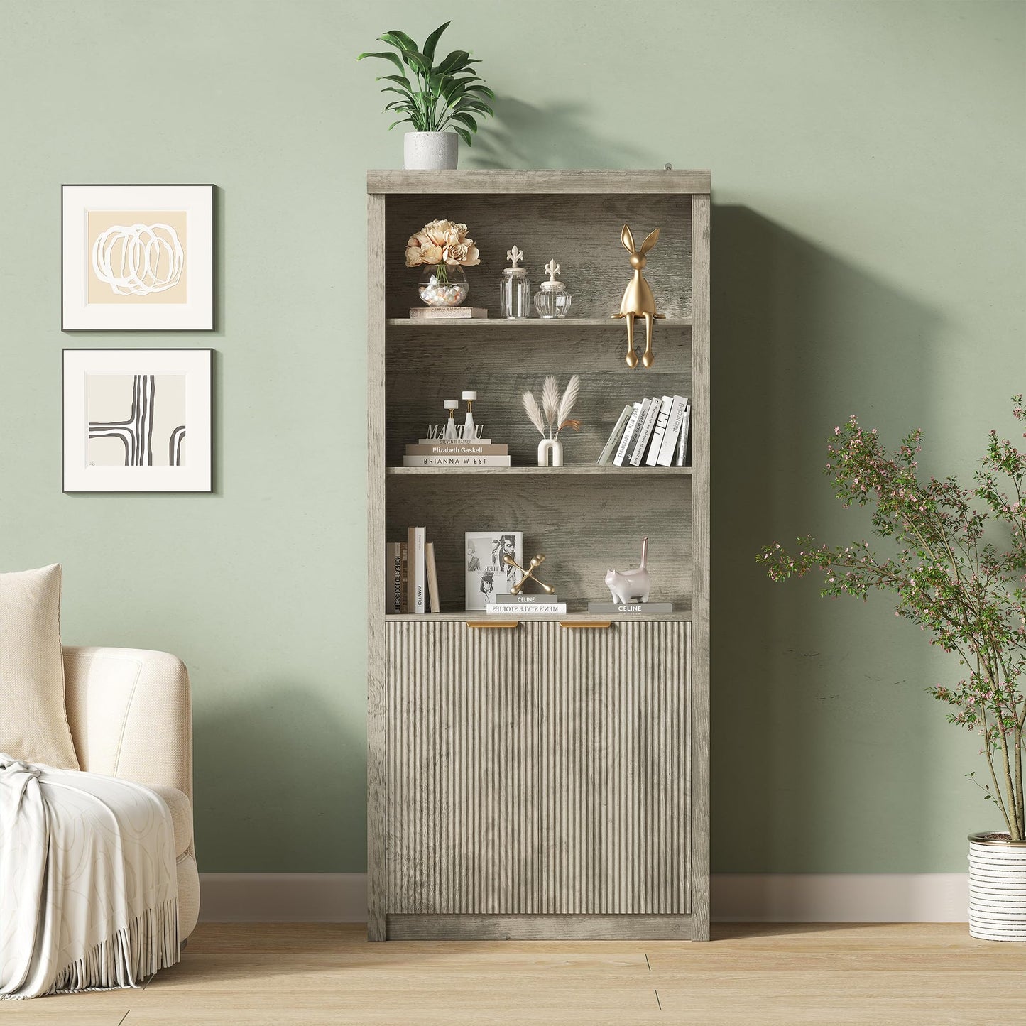 Modern Tall Book Shelf and Bookcase, 31.5"Wide Bookshelf with Doors, Farmhouse Book Case with Adjustable Top Shelf, Wood Storage Cabinet with 5 Tier Display Shelves for Home Office, Living Room,Grey