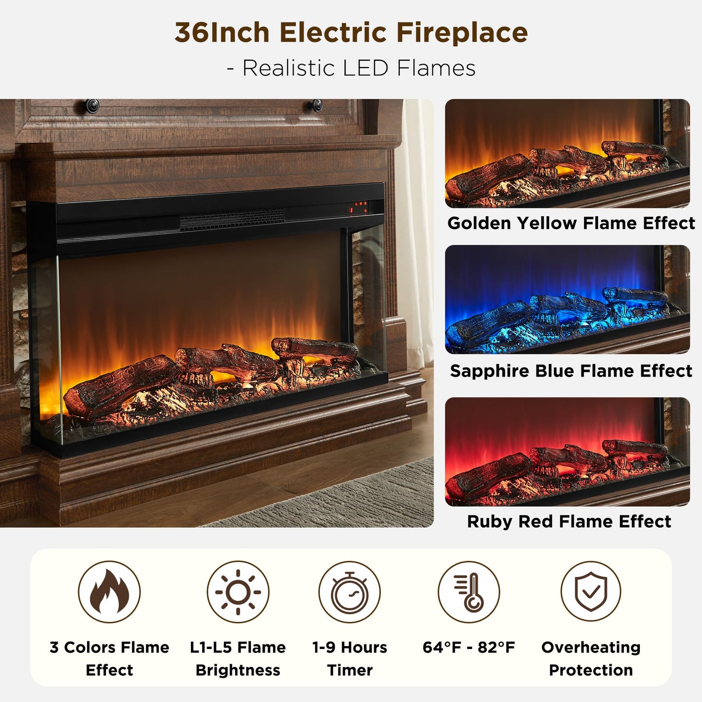 OKD 52 Inch Electric Fireplace with Mantel, Fireplace TV Stand with 36" 3-Sided Glass Electric Fireplace Heater for Living Room (Brown)