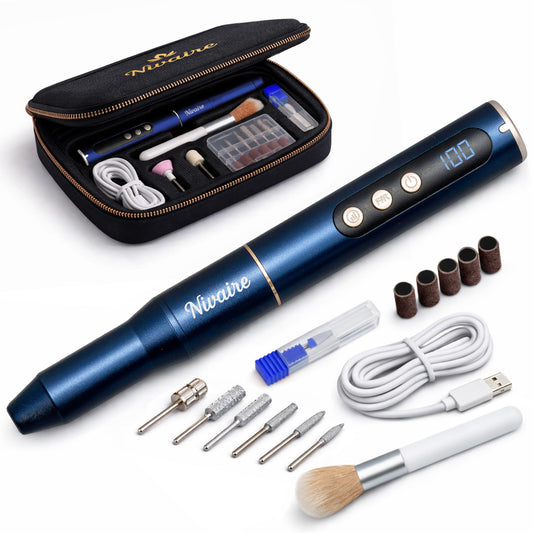Cordless Nail Drill Professional Kit - Nail Filer Electric - 8 Drill Bits, 1 Ceramic Bit, 6 Sanding Bands, 5 Speed Levels - Electric Manicure Set, Nail Polisher - Portable, Rechargeable (Navy Blue)