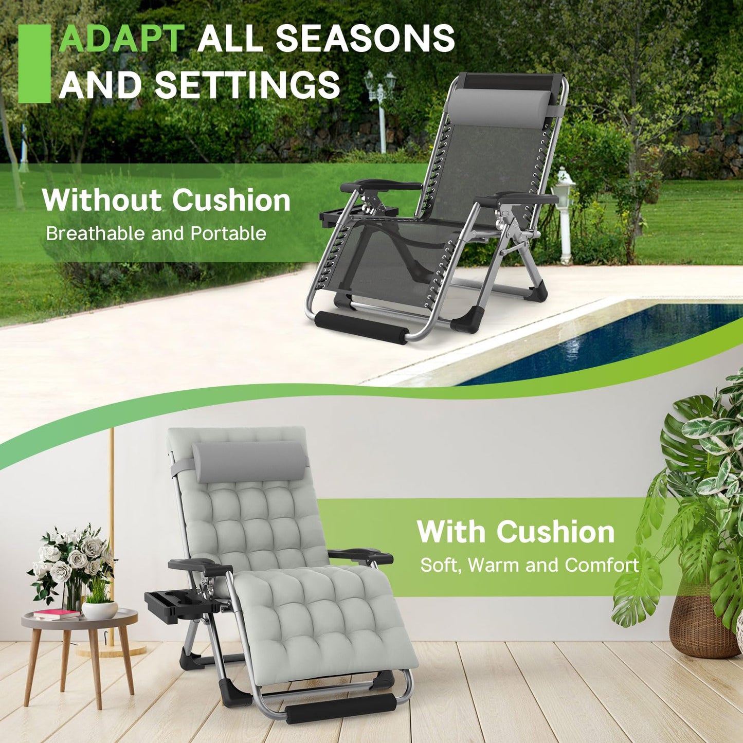 ZENPETIO Oversized Zero Gravity Chair, 33In XXL Zero Gravity Recliner Lounge Chair, Anti Gravity Chair for Indoor and Outdoor, Reclining Camping Chair for Lawn and Patio w/Cushion and Footrest, 500LBS