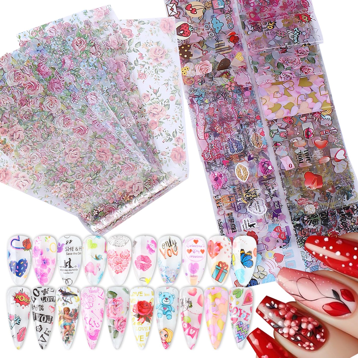 Rose Flower Nail Foil Transfer Nails Art 50PCS Valentine's Day Nail Art Foils Sheets Love Heart Lips Designs Stickers Starry Sky DIY Valentines Decals for Women Acrylic Supplies Manicure Decoration