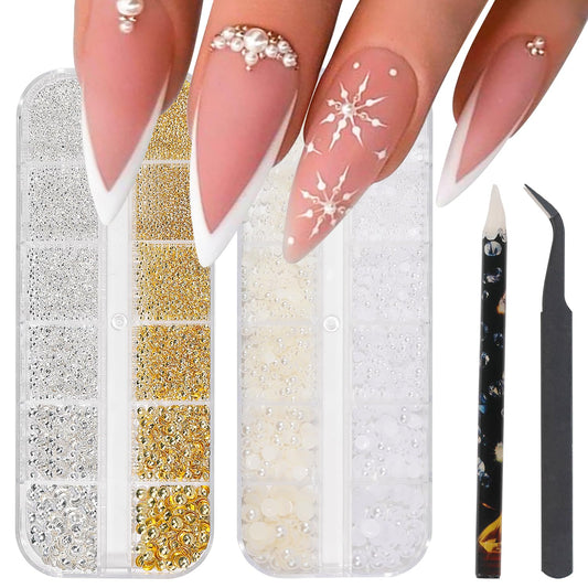 DZHILHMX Nail Charms - Metal Gold & Silver, Flat Back Round Nail Art Charms, Small Nail Pearls, 3D Mixed Sizes Decorations for Nails
