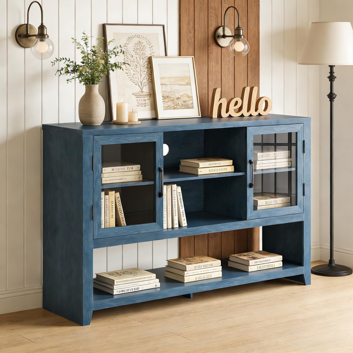 Garvee 53" Kitchen Buffet Sideboard Cabinet - Coffee Bar Table with 2 Glass Doors and 3 Shelves, Modern Storage Cabinet for Living Room, Entryway, Dining Room, Blue