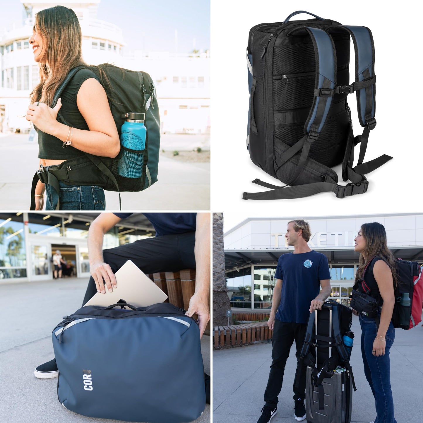 COR Surf Carry On Travel Backpack Bundle | Island Hopper Travel Backpack with Toiletry Bag and Compression Packing Cube Set (40L, Navy Blue)