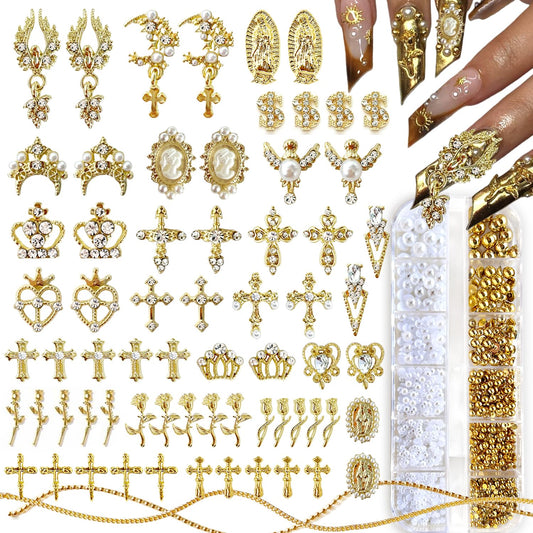 3D Luxury Gold Cross Nail Charms, Flat Back Pearls Bead Crafting, Rhinestones Nail Charms Y2k Cute Crown Star Moon Heart Flower Virgin Mary Angel Dangle Gem Charms Nail Art Nail Chains Bulk