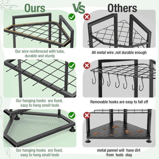 Lovind Garden Tool Organizer for Corner,Metal Yard Tool Organizer for Long-Handled Tools/Rakes/Brooms,Side Garden Pocket,Heavy Duty Steel Yard Tool Storage Rack for Garage,Shed, Outdoor