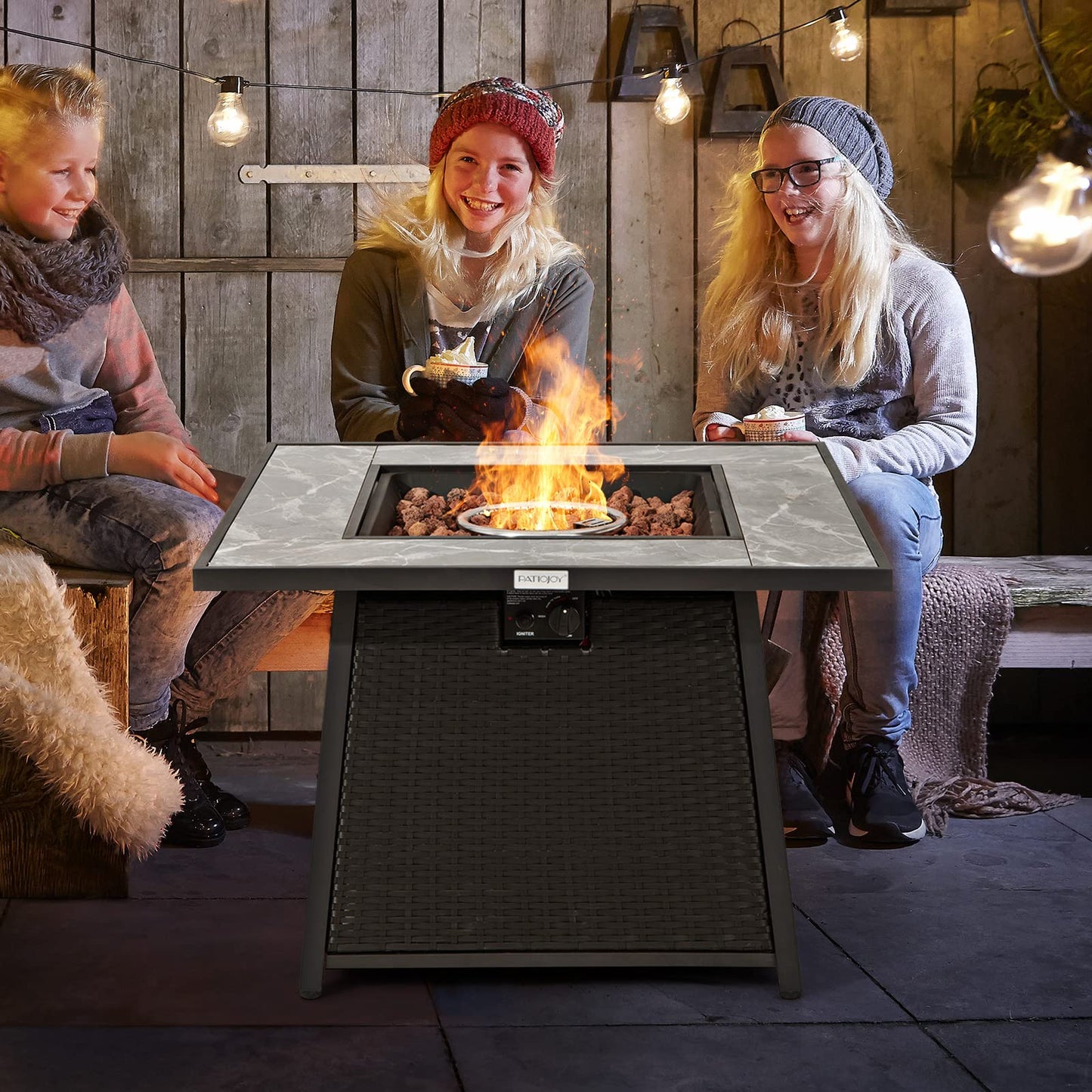Tangkula 35 Inch Rattan Propane Gas Fire Pit Table, Patiojoy 50,000 BTU Outdoor Wicker Patio Propane Fire Pit w/Lid, Lava Rocks and PVC Cover, Auto-Ignition Square Firepit Table with Marble Tabletop