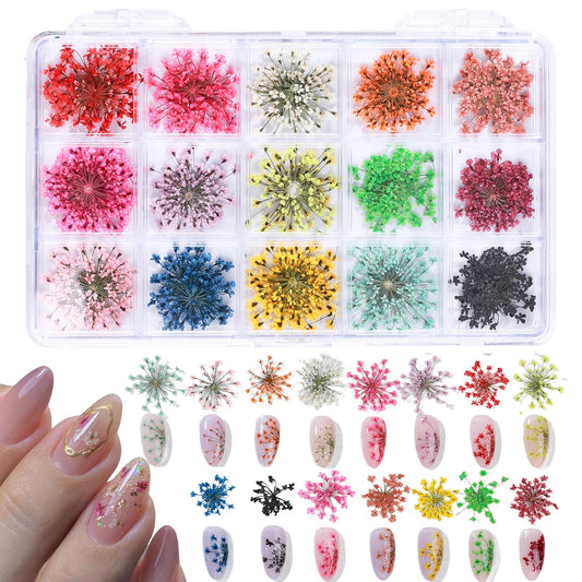 Dried Flowers for Nail Art 15 Colors Pressed Dry Flowers Stickers Nail Decals Colorful Floral Petals Natural Gypsophila Nail Art Decorations Accessories for DIY Manicure Craft Resin Jewelry Making