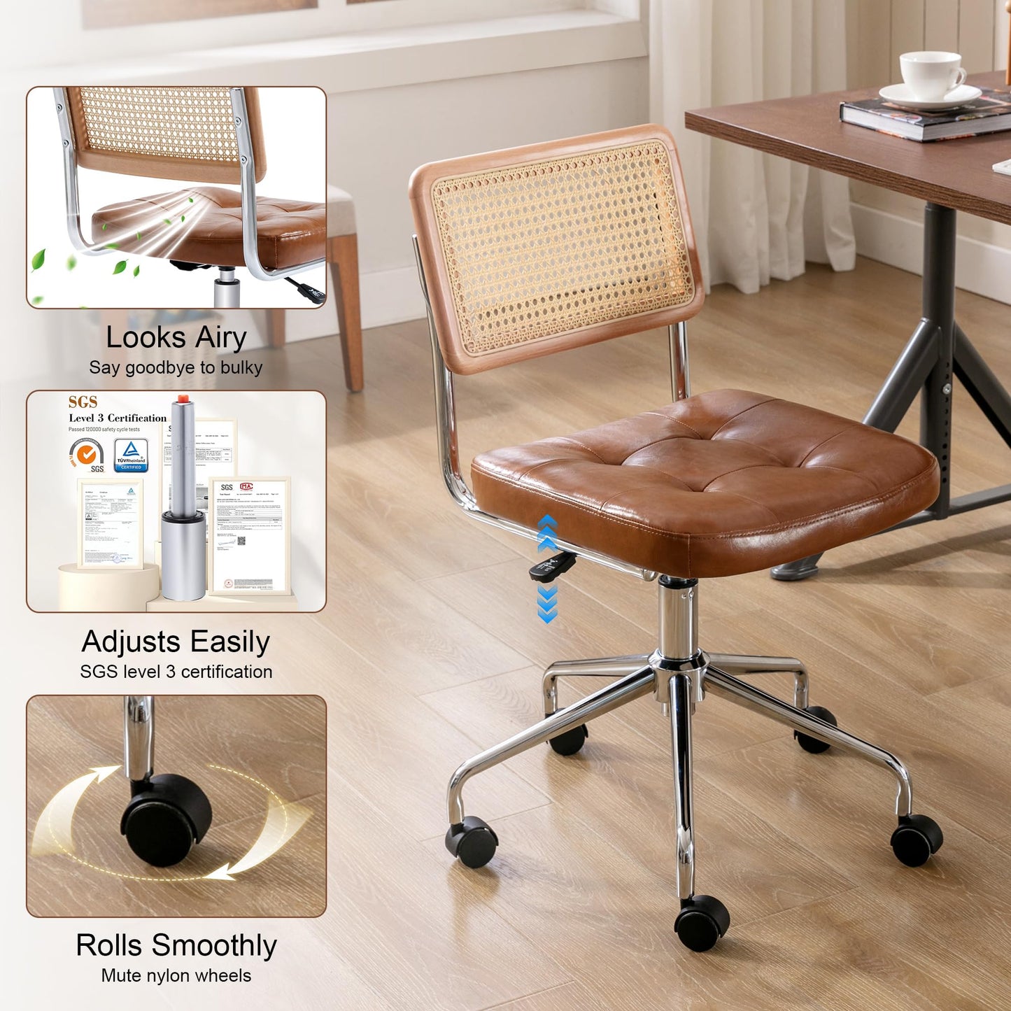 Zesthouse Mid Century Home Office Chair Leather Desk Chair with Rattan Back, Vanity Chair for Girls Women, Upholstered Swivel Chair, Adjustable Height Computer Task Chair