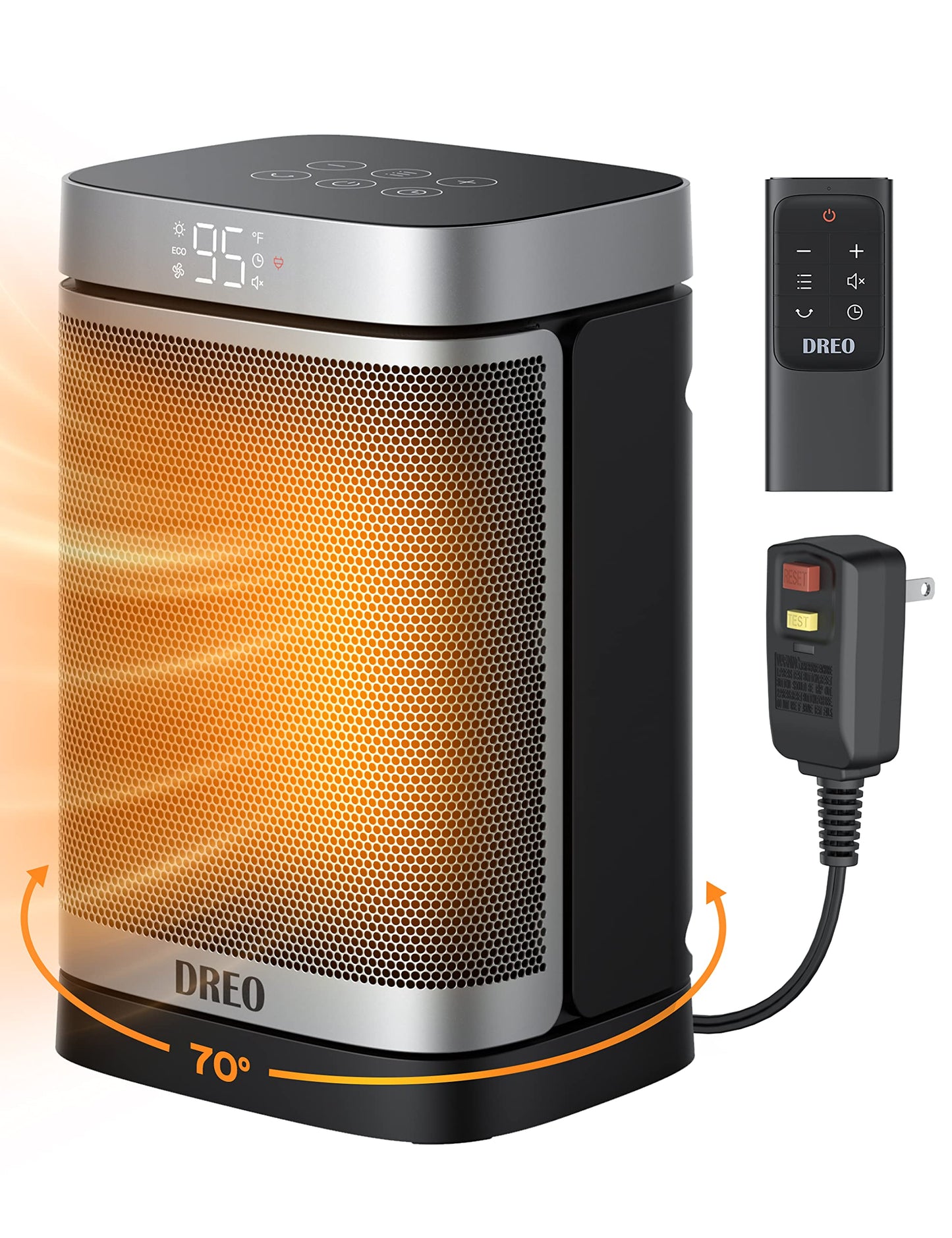 DREO Space Heater for Bathroom and Indoor, Portable Heater, 1500W Safe and Quiet PTC Ceramic Heater, 41-95°F Digital Thermostat, 70°Oscillating, Remote, ALCI Safety Plug, 12h Timer, 5 Modes