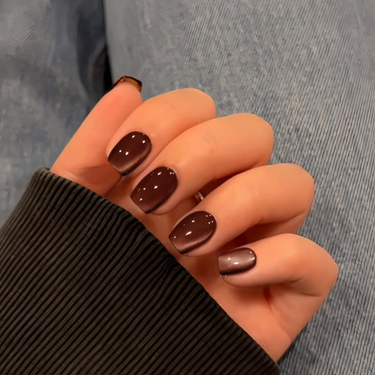 KQueenest Cat Eye Press on Nails Short, 30 Pcs Acrylic Press on Nails Square, Glass Brown Fake Nails Press on Short, Sparkly Chrome Design, Reusable Soft Gel Glue on Nails for Women Salon Manicure