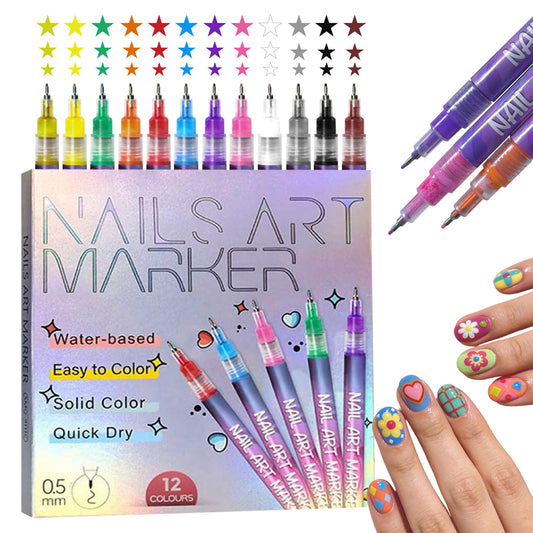 Arrivalove 12 Colors Nail Art Drawing Pens, 0.5mm Fine Tip, Waterproof Quick-Dry Acrylic Markers for DIY Manicure, Dotting & Detailing, Beauty Tool Set for Adults & Kids