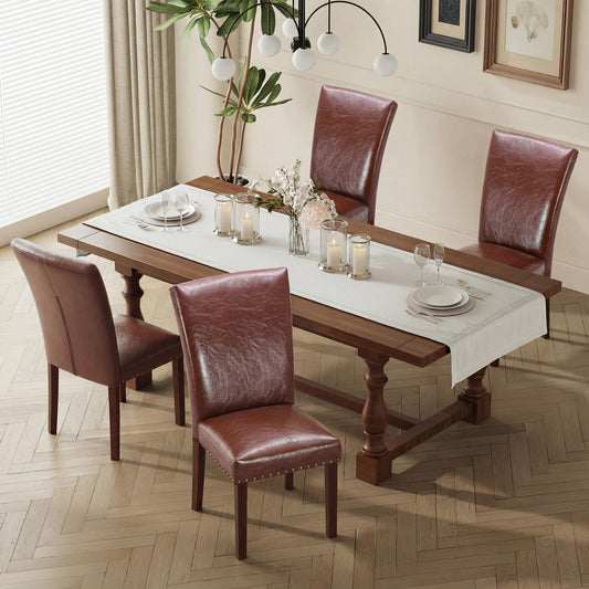 MALOL High Back Dining Chairs Set of 4, Leather Dining Room Chair with Wood Legs and Nailhead Trim, Modern Padded Kitchen Chairs for Dining Room/Restaurant, Brown