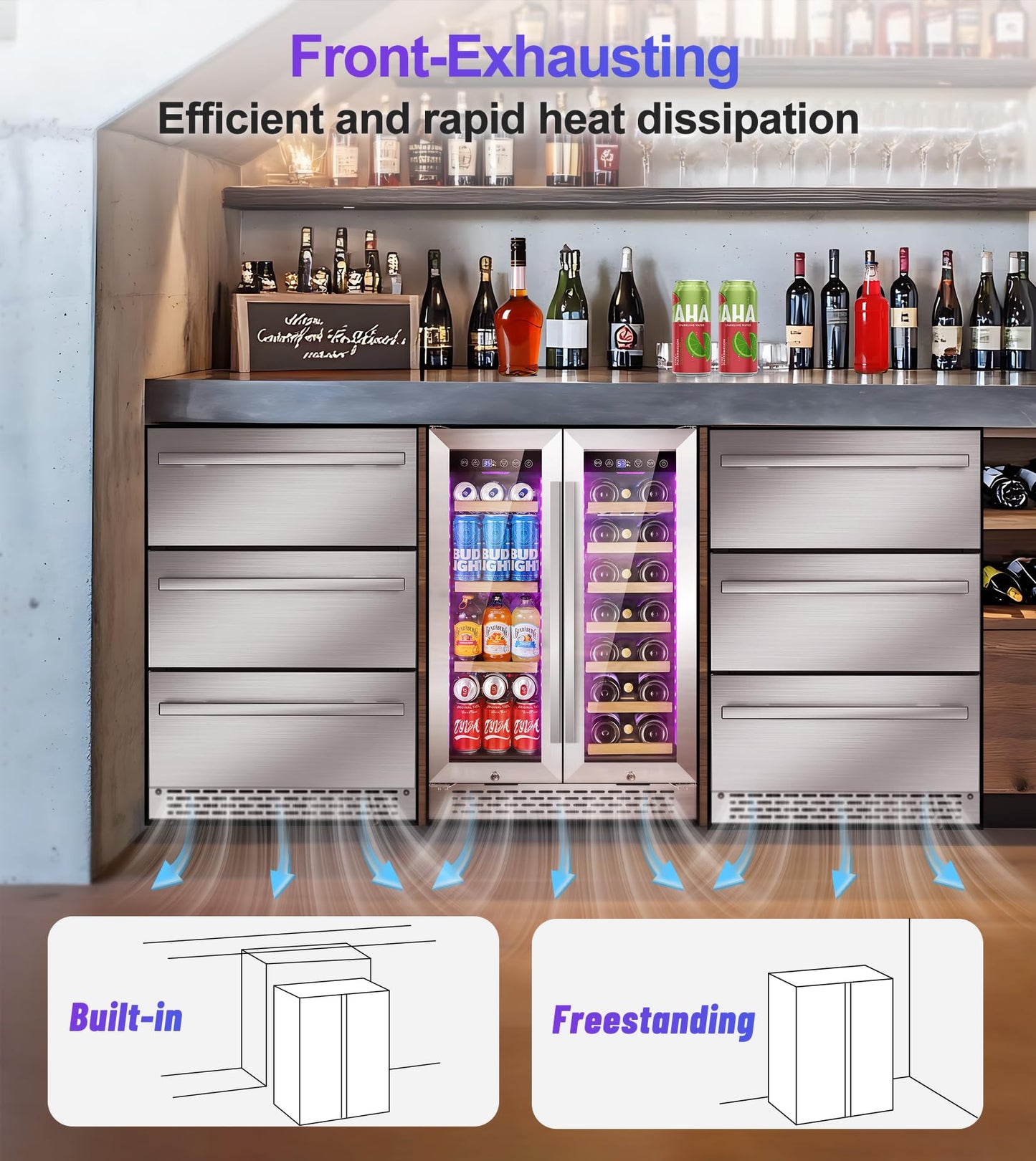 RLPI 3 Drawer Outdoor Beverage Refrigerator Undercounter, Hold 180 Cans 24 inch Weather Proof Stainless Steel Beverage Fridge, Built-in & Freestanding Beverage Cooler Fridge for Soda, Beer, Fruit
