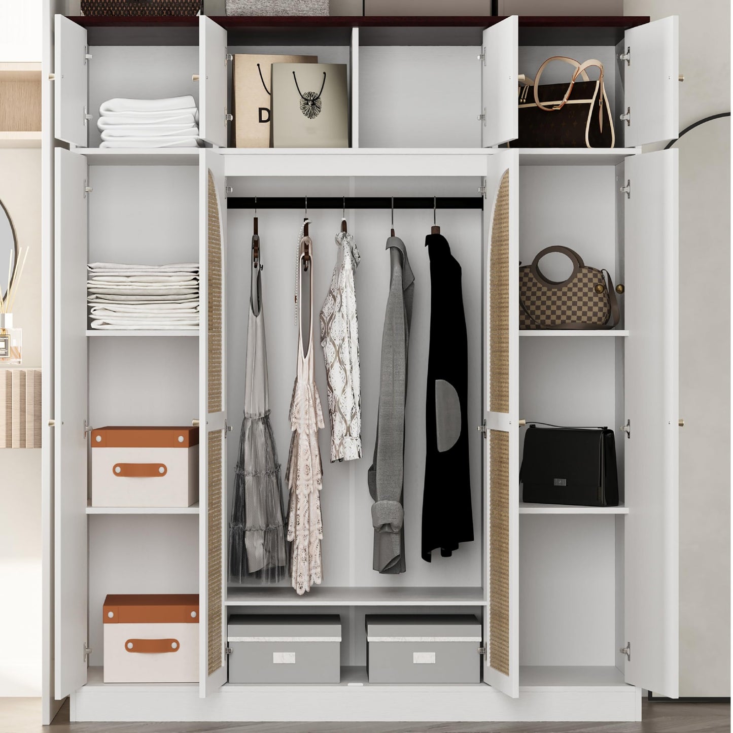 KEIKI Large 8 Doors Wood Wardrobe, Bedroom Tall Armoire Closet Organizer w/Rattan Decorative, Hanging Rails & Adjustable Shelves Clothes Storage Cabinet for Garage & Laundry Room, White