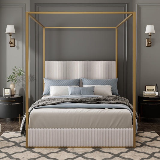 Merax Modern Luxury King Metal Canopy Bed with Tall Upholstered Headboard, Gold Four Poster Bed, No Box Spring Needed, Beige