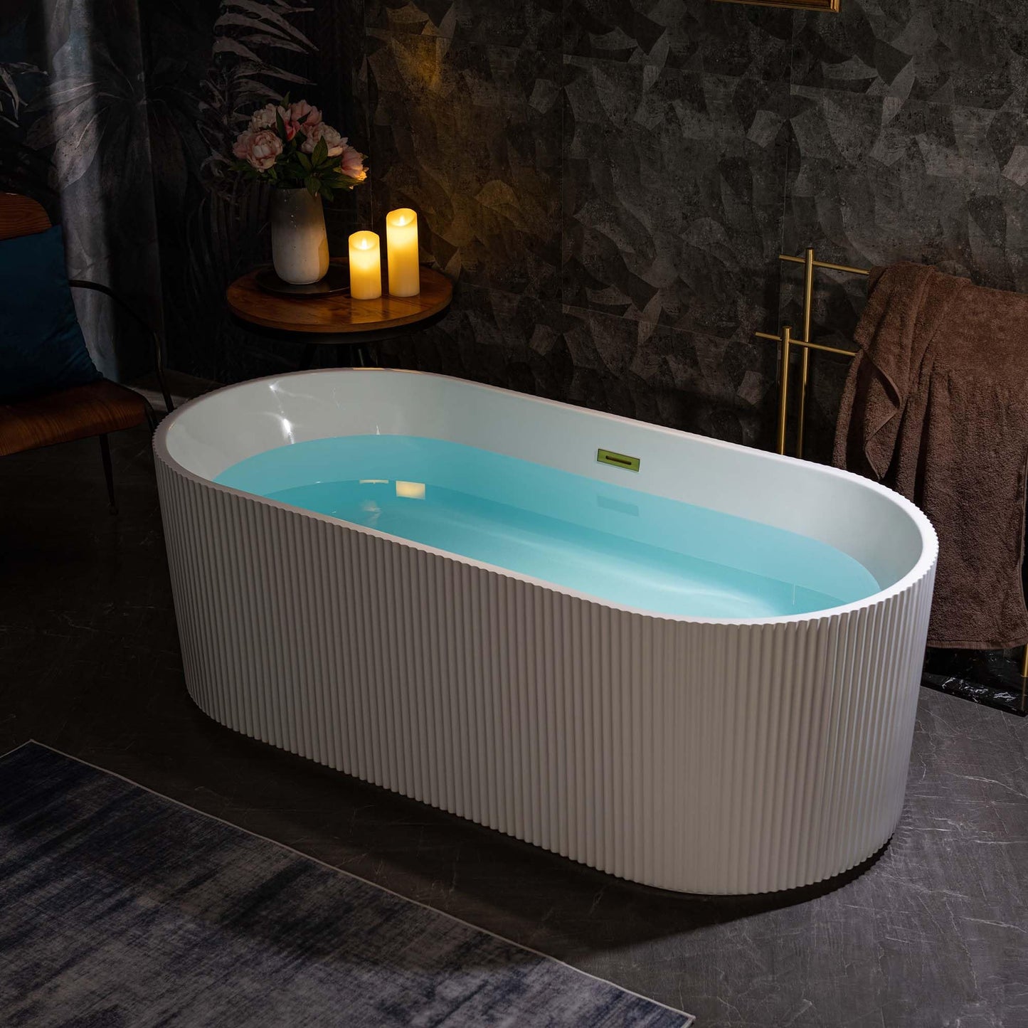 WOODBRIDGE 67" L x 31-1/2" W Freestanding Contemporary Soaking Bathtub,Unique Pleated Design,with Brushed Gold Pop-Up Drain Drain and Overflow Option, White,B1526-BG