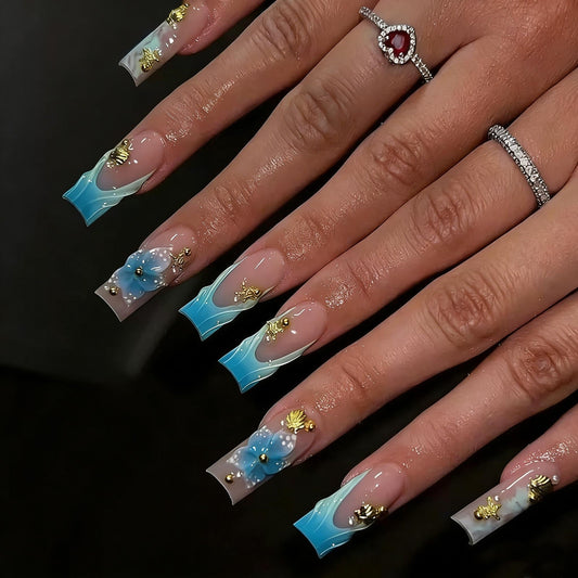 CTTHNBD Medium Press on Nails Square - Blue French Tip Fake Nails with Flower Design - Shell, Summer False Nails Press ons - for Women 24 Pcs