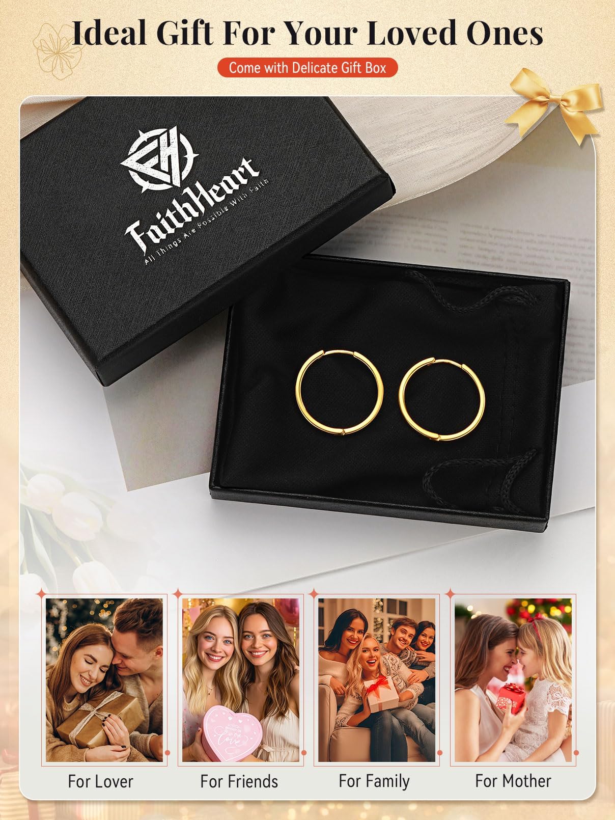 FaithHeart Hoop Earrings for Women, Black Hypoallergenic Huggie Hoop Earrings, Small Cartilage Earrings for Women 20mm, Send Gift Box