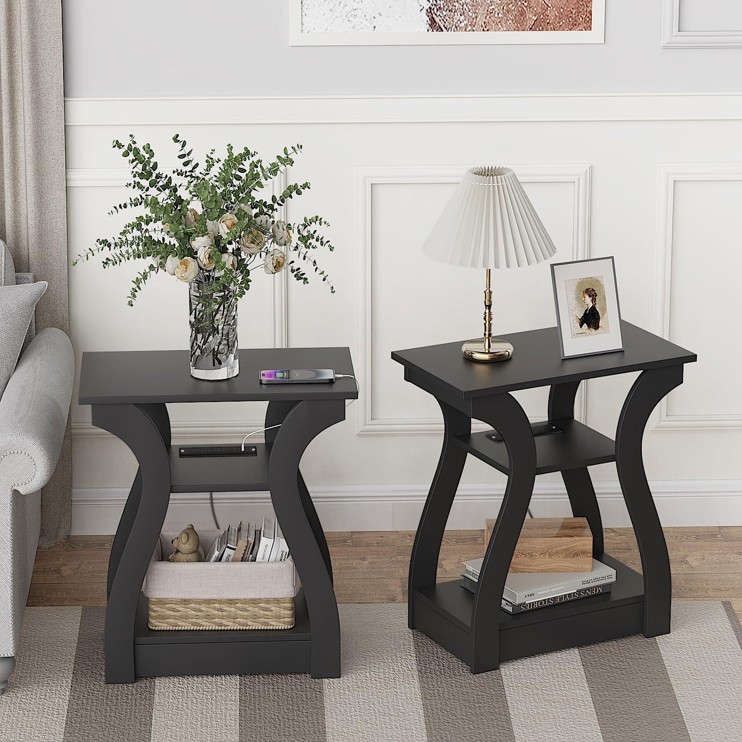 FROMJBEST End Table with Charging Station, Side Table with USB Ports and Outlets, Nightstand, 3 Tier End Table with Storage Shelf for Living Room, Bedroom (Black)