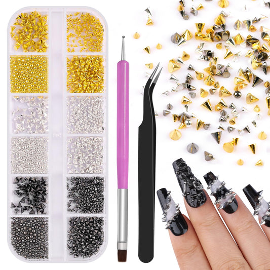 3D Mini Metal Punk Nail Art Studs, Mixed Sizes Gold Silver Black Alloy Cone Spikes Rivets Steel Beads Balls Goth Nail Charms with Tweezers & Dual-end Brush for Nails DIY Crafts Decorations (17-K1)