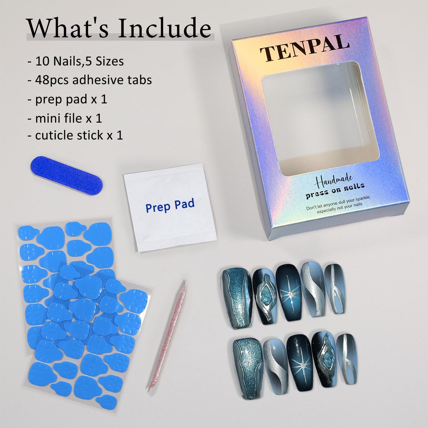 TENPAL Handmade Press On Nails With Tools,Black Blue Ombre 3D Cat Eye Coffin Fake Nails for Women,Glossy Metallic Airbrush Galaxy Designs Glue on Nails,Chrome Relief Punk Acrylic Nails 10pcs(XS)