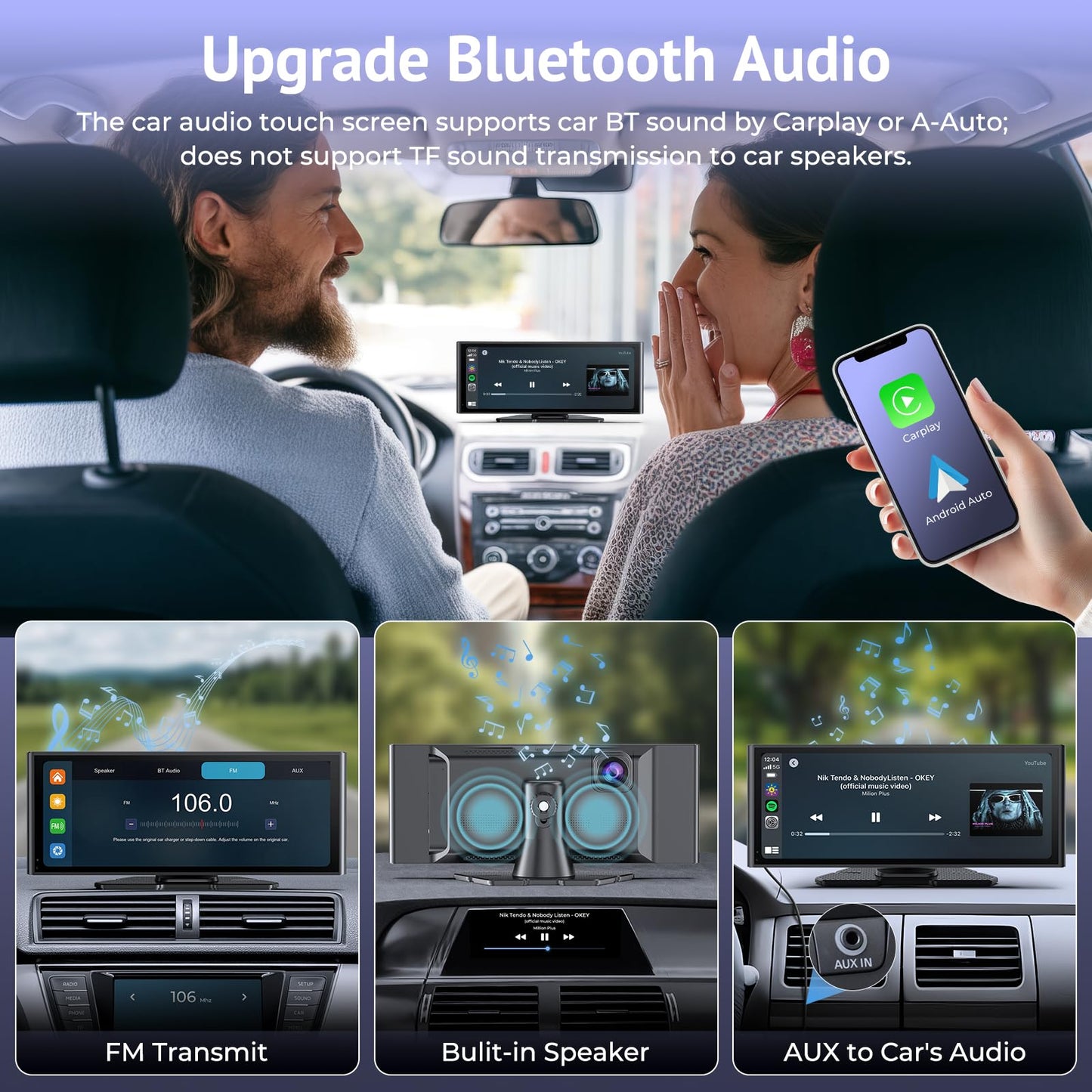 Carplay Screen for Car 10.26" HD IPS Wireless Compatible with Apple Carplay & Android Auto,Touch Car Play Screen with SuperLink,4K Dash Cam,1080p Backup Camera,Loop Recording,Bluetooth Audio,GPS,Siri
