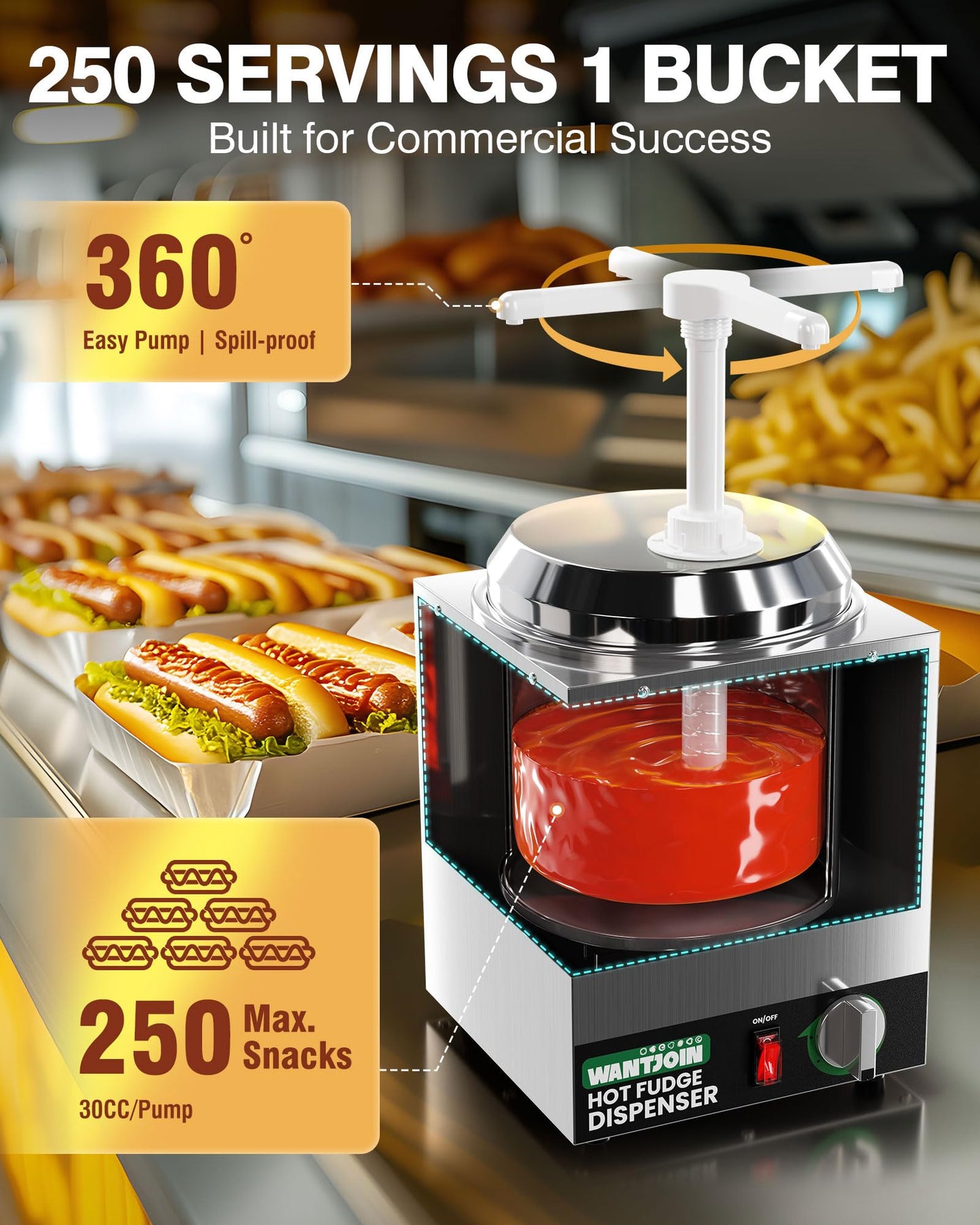 WantJoin Nacho Cheese Dispenser with Pump,2.8Qt Nacho Cheese Warmer,Stainless Steel Hot Fudge Warmer W/5-Level Temperature Adjustment,Commercial Hot Fudge Dispenser for Hot Fudge Cheese Caramel