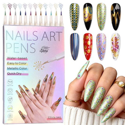 GELLAKTIK 12 Colors Metallic Nail Art Pens Set, 0.5mm Nail Polish Pens Acrylic Paint Markers for Nails, Quick-Drying Glitter Nail Polish Pens for 3D Drawing, DIY Manicure Tools for Home & Salon