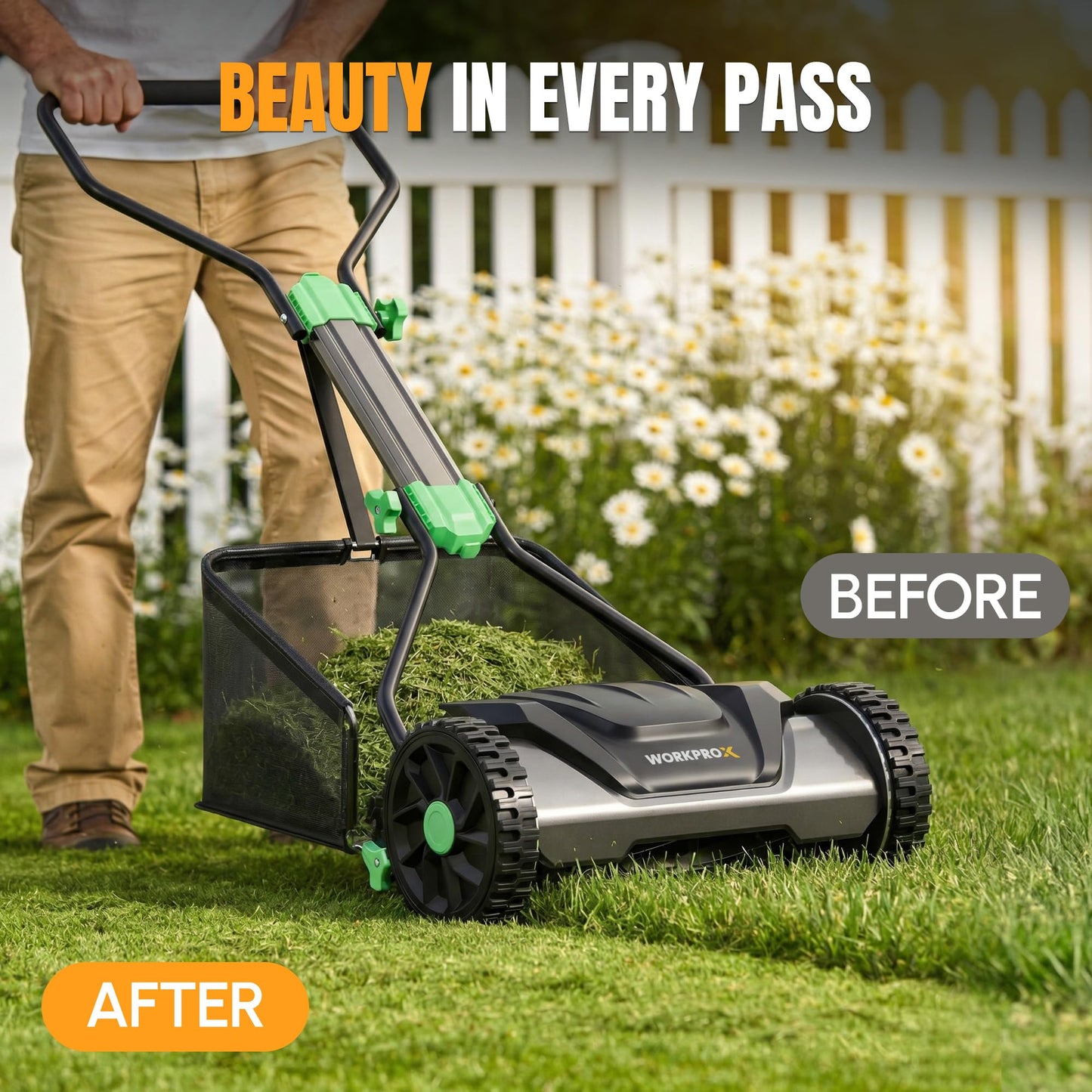 WORKPROX 16-Inch Push Reel Lawn Mower, Adjustable Height 5-Blade Reel Mower with Removable 8-Gallon Grass Catcher for Yards and Gardens, Black