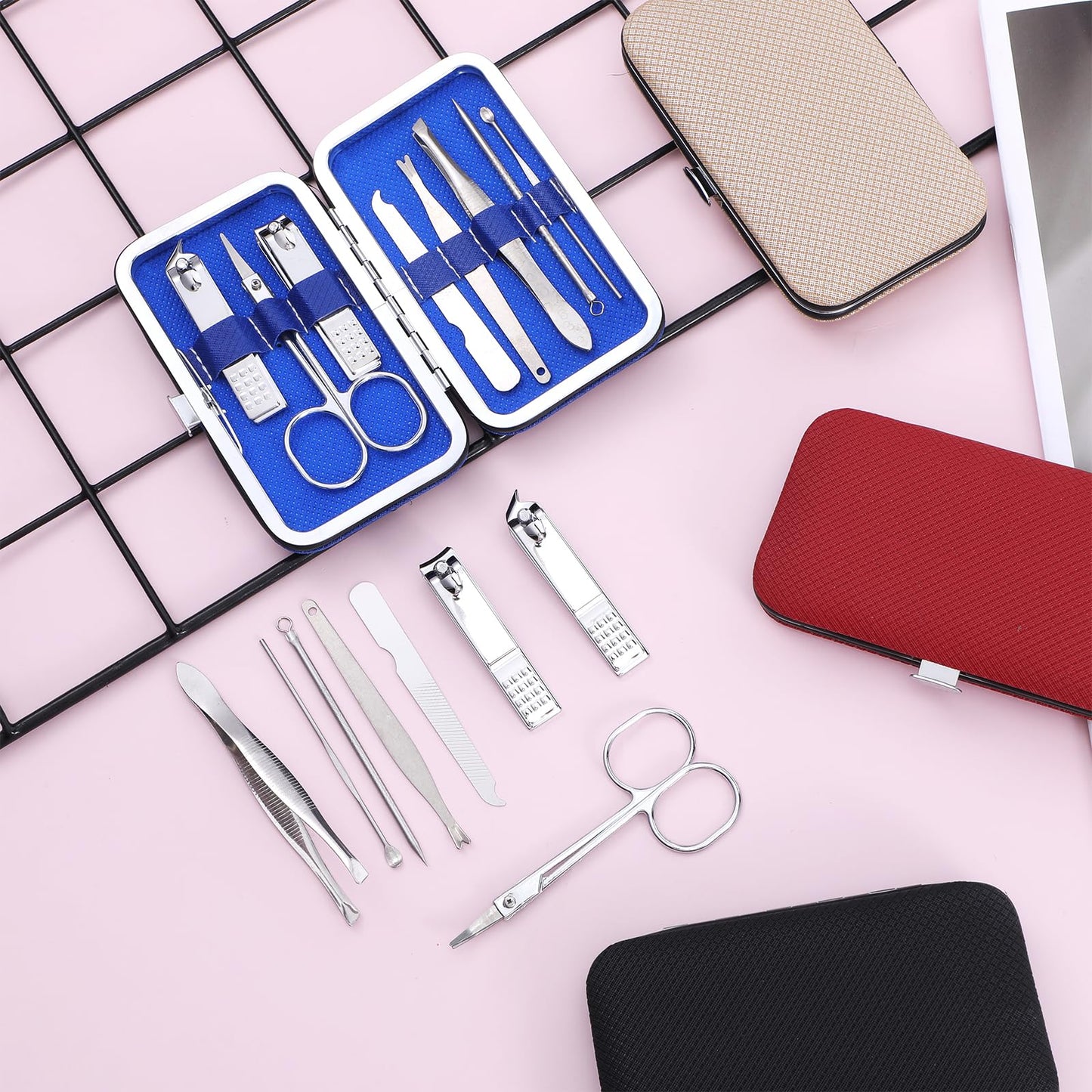 16 Pack Manicure Set Bulk – Professional 8-in-1 Stainless Steel Nail Clippers Kit with Travel Case, Grooming Pedicure Tools for Men & Women – Ideal Personal Care Gift (Black, Dark Red, Blue, Brown)