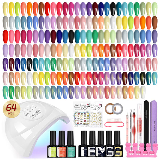 phoenixy Gel Nail Polish Kit with U V Light 64 Pcs Gel Nail Set 45 Rainbow Colors Nail Polish Set Base Coat & 4 Effects Top Coat Manicure Tools Complete Nail Kit Gifts for Women Girls