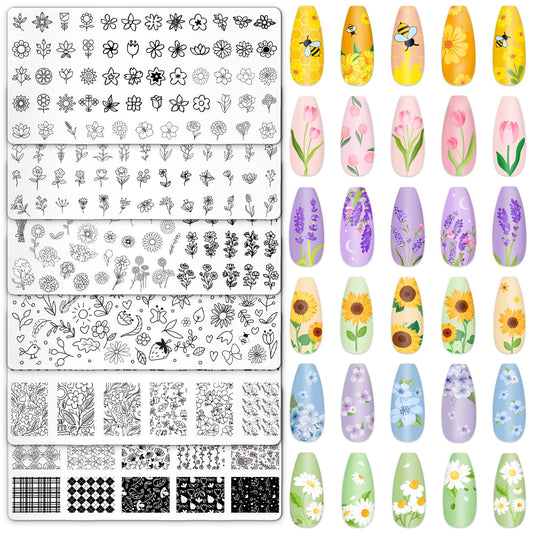 Whaline 6 Pcs Spring Summer Floral Nail Plates Stamping Set Flower Leaves Stamp Templates Nail Art Plates for DIY Print Manicure Salon Design