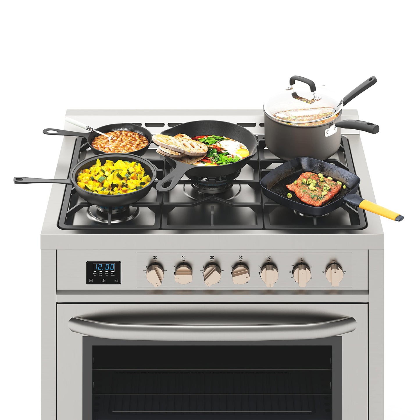 KoolMore 36” Inch Professional Gas Range Stove with 5 Burner Cooktop, Rapid Convection Oven, and Digital Timer with Heavy-Duty Cast Iron Grates, Stainless-Steel Appliance (KM-FR36GL-SS), Silver
