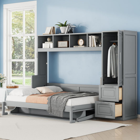 Ball & Cast Full Size Murphy Bed with Closet and 2 Drawers,Hidden Wall Bed with Storage Shelves,Multifunctional Foldable Platform Bed Frame for Samll Space,Bedroom,Guest Room,Easy Assembly,Gray