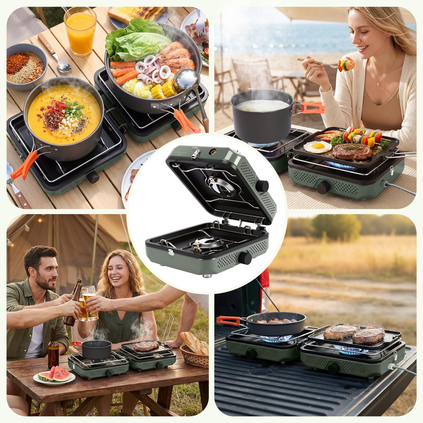 Hisencn Camping Stove,2 Burner Propane Camping Stove with Cookware Set,30,000 BTU Foldable Portable Gas Stove with Carry Bag,Outdoor Cooking Stove for Camping Gear,RV Essentials & Emergency,Green