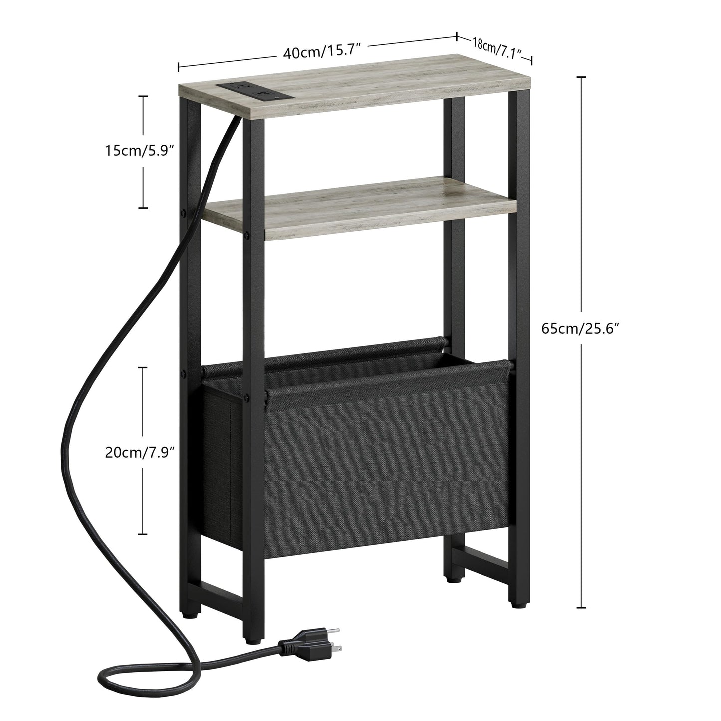 IRCPEN Narrow Side Table with Charging Station Slim End Table Sofa with Magazine Rack, Bedside Table for Small Spaces, 3 Tier Nightstand for Living Room Couch, Bedroom Oak Grey LET503QE