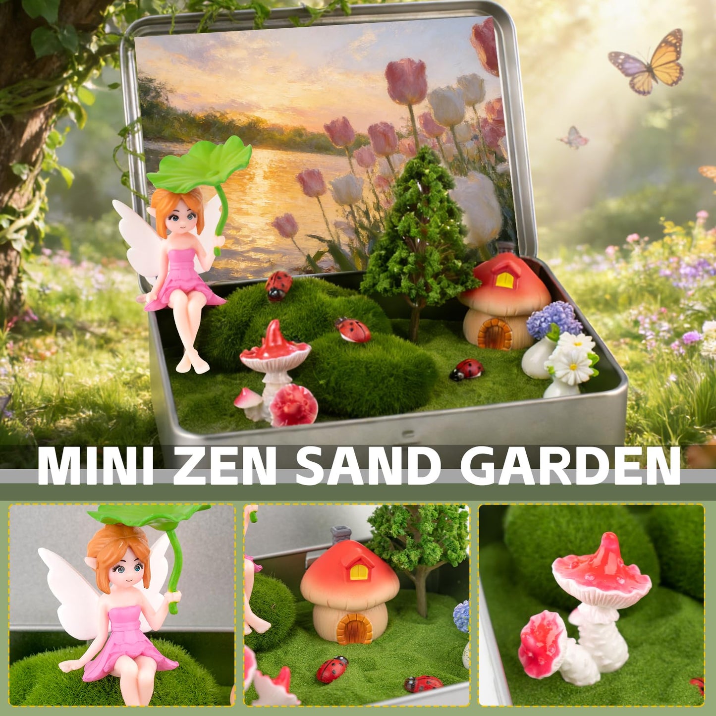 Zen Garden Kit for Desk Decor, Mini Zen Sand Garden with Tina & 1 Rake, Green Sand & 11 Accessories, Japanese Gifts for Meditation Room Office Home (Fairy Style)