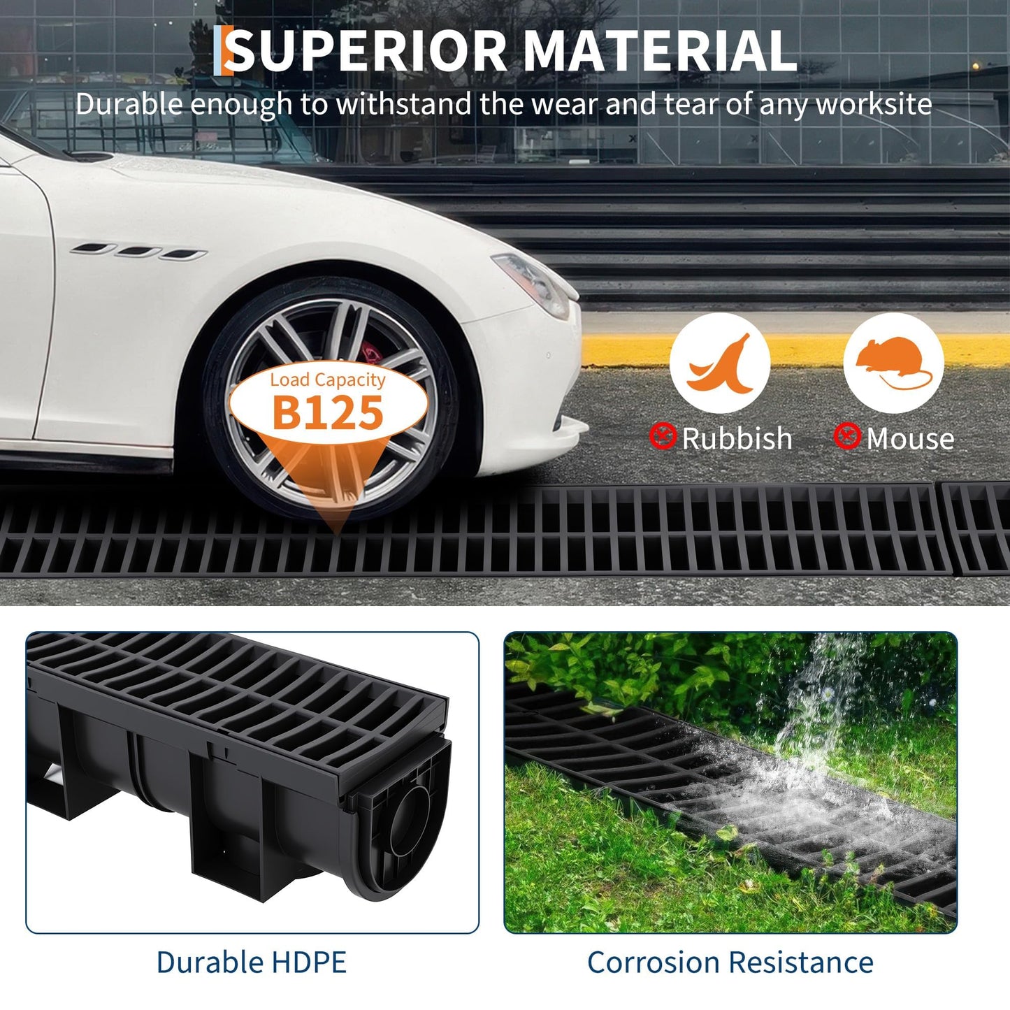 5 Pack 39.4" Trench Drain System,5.9x5.1 Inch HDPE Channel Drain with Plastic Grates & End Caps, for Garage, Garden, Patio & Driveway Drainage (Black)