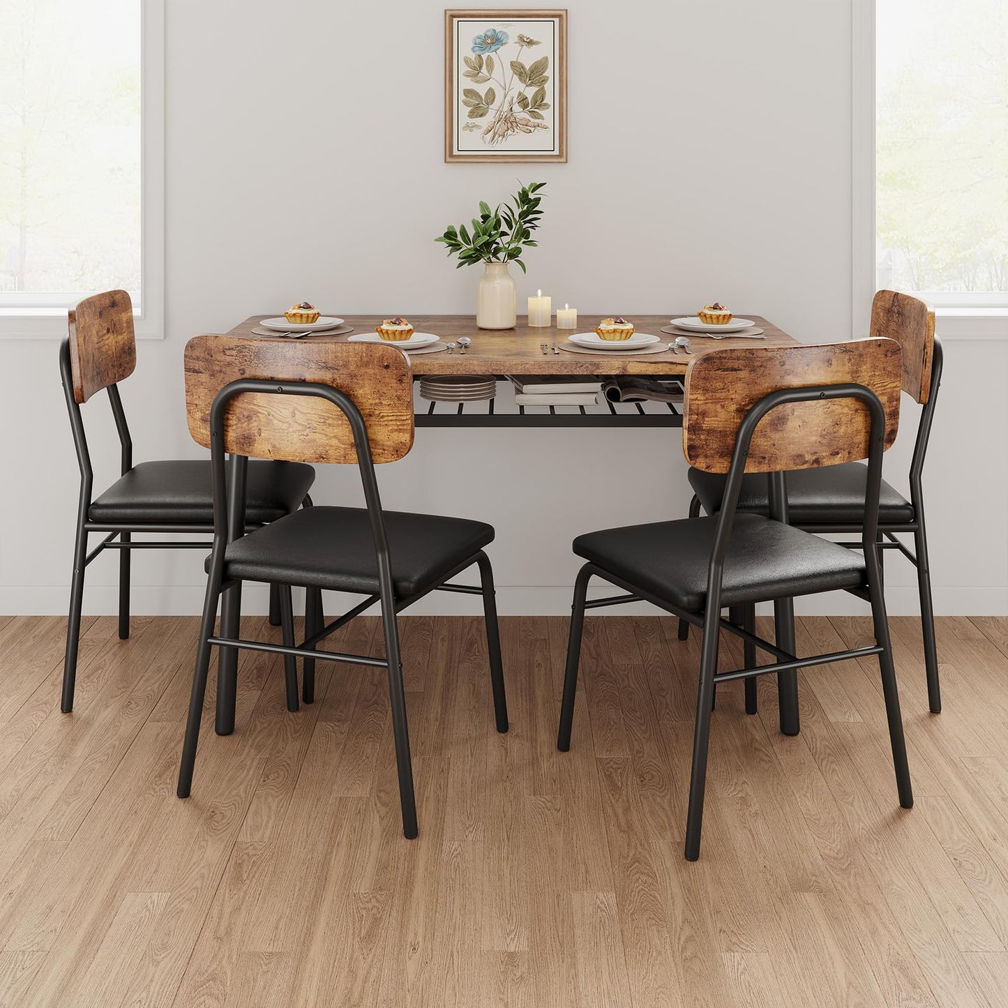 IDEALHOUSE Dining Table Set for 4 with Storage Rack, 5-Piece Kitchen Table and Upholstered Chairs of 4, Wood Tabletop & Heavy-Duty Metel Frame, Dining Room Set for Small Space, Apartment, Brown