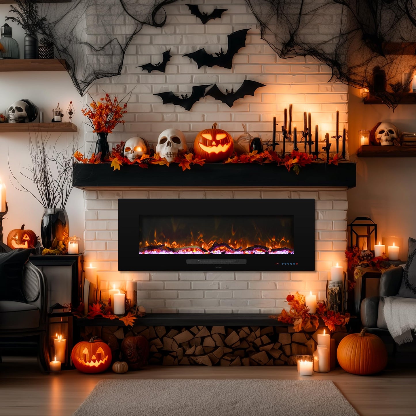 Oxhark Flame 72inch Electric Fireplace in Wall Recessed and Wall Mounted Fireplace Electric, 13 Flame Colors, Realistic Logs & Crystals Fuel Bed, Adjustable Temperature and Timer, 750W/1500W, Black
