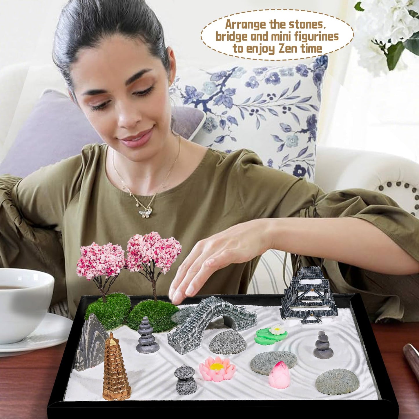 Bbiamsleep Zen Garden Kit for Desk, 9.8 x 7 Inch Mini Zen Sand Garden with 6 Tools, 23 Accessories for Home Office Desktop Japanese Decor