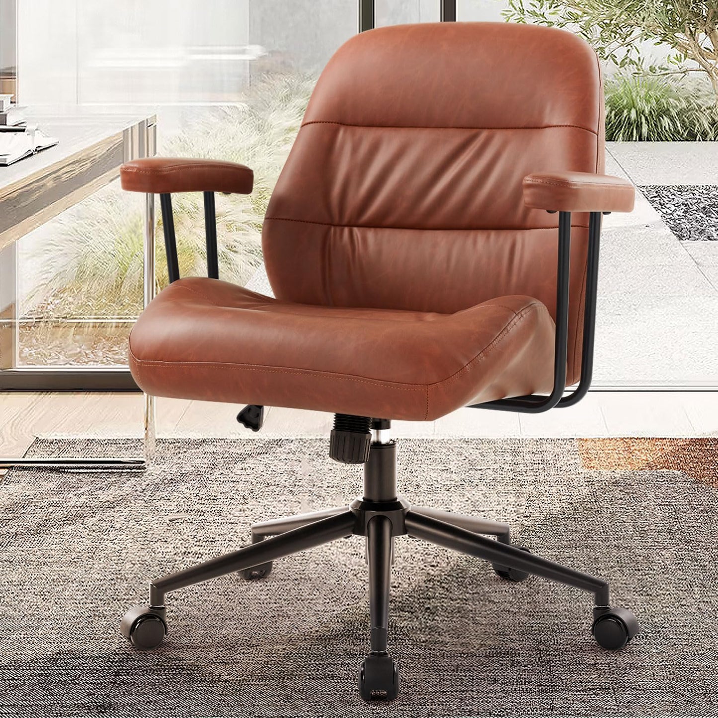 IWMH Leather Office Chair with Removable Armrests，Mid-Back Ergonomic Desk Chair with Lumbar Support，Adjustable Height 360° Swivel Executive Task Chairs for Home Office (Brown)
