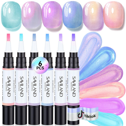 SAVILAND Express One-Step Gel Nail Polish Pens Set: 6 Pearl Pink Blue Colors 3 in 1 Gel Polish Set Base & Color Gel & Top in a Pen for Aurora Effect Easy to Use Travel 4ml (U V Lamp Needed)