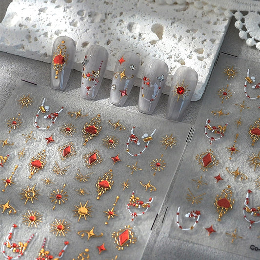 标题： 5D Embossed Bohemia Nail Sticker Self-Adhesive Star Nail Art Stickers Golden Stars Moon Sun with Diamond Design Bohemian Style Nail Art Supplies Gold Nail Decals for Women Manicure Decorations DIY