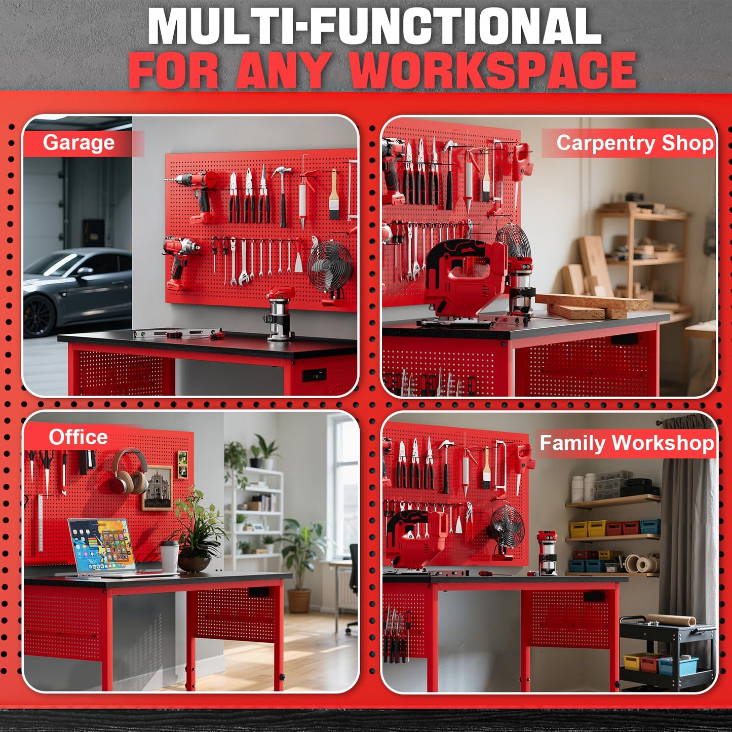 Ferreteriai 47" Heavy Duty Workbench with Power Outlet & USB-C, Exclusive Red Side Battery Holder, Adjustable Height, 2100LB Capacity, Locking Wheels, Pegboard for Garage, Workshop, and Home Use