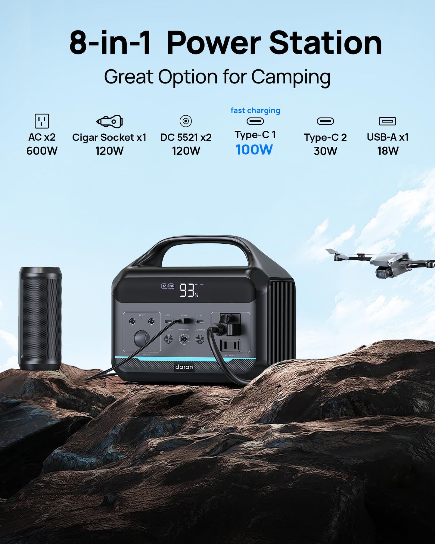 DARAN Portable Power Station 600W(1200W Surge) - 288Wh(90,000mAh) Solar Generator LiFePO4 Battery with AC DC Outlets, 8.3LB Portable Charging Station for Camping, RV, Home, Emergency (Solar Optional)